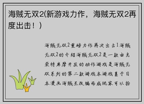 海贼无双2(新游戏力作，海贼无双2再度出击！)